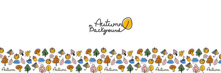 Autumn doodle background. Naive childish fall symbols, leaves, mushrooms, cloud, umbrella, trees, pumpkin, acorn. Abstract season banner template. Vector illustration isolated on white