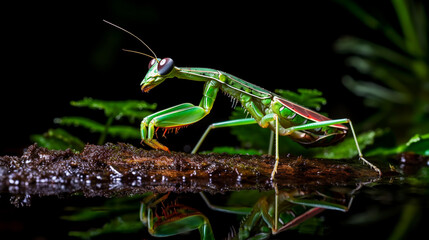 Praying mantis near the water on a dark background, soft light.