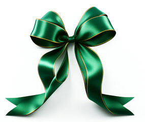 Green holiday bow with golden outline. Isolated on white background.
