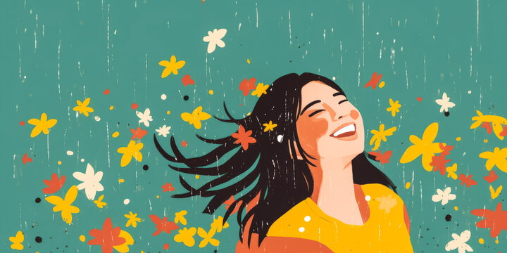 Enthralling expression of sheer joy showcased by a woman amidst raining flowers, in studio shot illustration with spacious copy area.