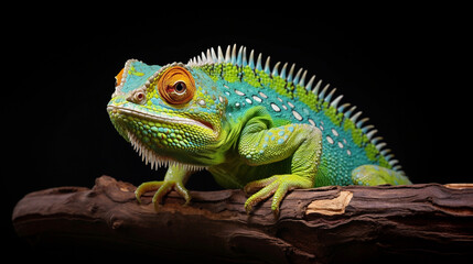 Fototapeta premium Bright chameleon on a dark background, soft light.