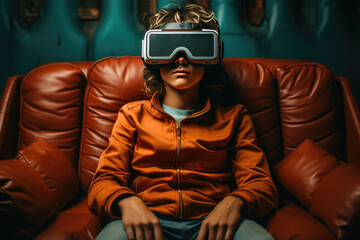 Boy wearing VR glasses, in a minimalist modern style.
