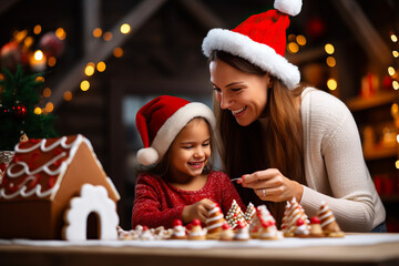 Mother and Daughter building a Gingerbread House together for Christmas. Happy family traditions and decorations for the holiday season. Shallow field of view.
