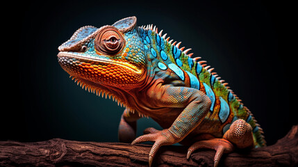 Bright chameleon on a dark background, soft light.