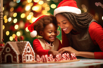 Fototapeta na wymiar Mother and Daughter building a Gingerbread House together for Christmas. Happy family traditions and decorations for the holiday season. Shallow field of view.