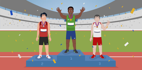 Illustration of athletes on winners podium in stadium. Gold, silver, bronze winners medal standings celebration. Editable vector.