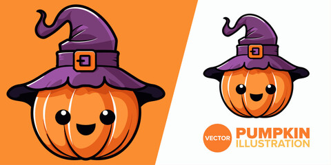 Print-Ready Halloween Cartoon: Cute Pumpkin with Witch Hat Illustration in Flat Vector Style for Perfect Poster, Card, Decoration, and Print