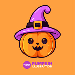 Halloween Delight: Cute Pumpkin with Witch Hat Cartoon Illustration in Flat Vector Style for Perfect Poster, Card, Decoration, and Print