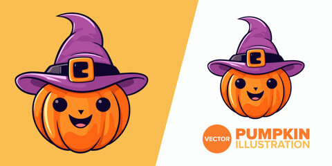 Flat Cartoon Style Halloween: Cute Pumpkin with Witch Hat Cartoon Illustration, Perfect for Poster, Card, Decoration, and Print