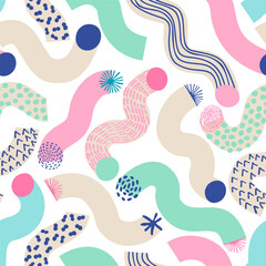 Colorful geometric lines, doodle seamless pattern. Wavy squiggle shapes texture background.