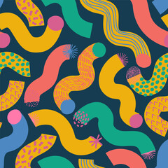 Colorful geometric lines, doodle seamless pattern. Wavy squiggle shapes texture background.