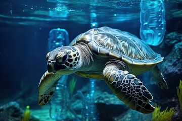 Plastic pollution in ocean with turles. Turtle eat a plastic waste.Turtle swims in water polluted with plastic, environmental pollution concept.