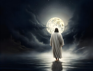 Jesus Christ walking on water at full moon night.