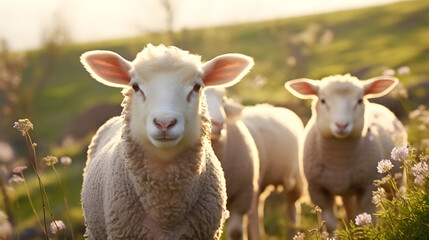 Flock of sheep in green pasture. Lamb group