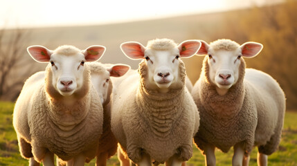 Obraz premium Flock of sheep in green pasture. Lamb group