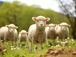 Obraz premium Flock of sheep in green pasture. Lamb group