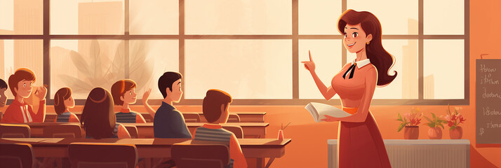 illustration school lesson. teacher in class with students. stylized banner on the theme of education, back to school - obrazy, fototapety, plakaty