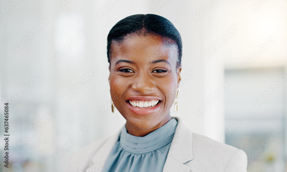 Canvas Prints Face, business and black woman with smile, success and confident ceo in workplace, advertising agency and startup company. Portrait, African female employee and manager with happiness and motivation