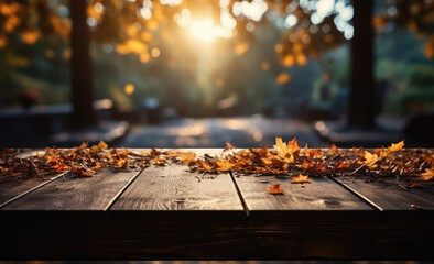 Naklejka na ściany i meble Autumn background on a wooden table with autumn leaves falling on it, photorealistic style.