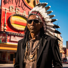 Native American or Indian. Standing in front of a Casino. Shallow field of view.