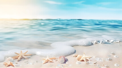 Fototapeta na wymiar Shells and starfish at the sandy beach. Summer beach background.
