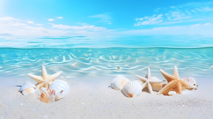 Fototapeta na wymiar Shells and starfish in sea water. Summer beach background.