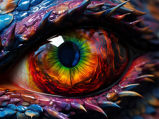Dragon eye. Multicolored eye of a colorful Fantasy Dragon. Colorful eyes. Mythological creatures concept. Animal eye. Fantastic monster. Ancient reptile. Dark tones. Closeup. 3D illustration