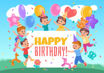 Fototapeta na wymiar Happy little friends with balloons. Birthday party invitation. Smiling children in caps on green glade. Holiday celebration. Kids jumping and playing in meadow. Splendid vector poster