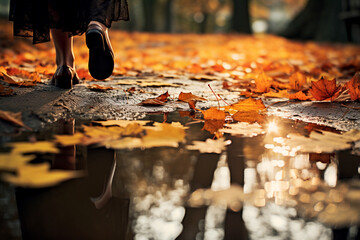 wet city sidewalk with autumn leaves