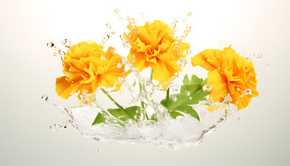 Marigold flower and water splash