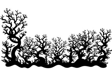 Hand drawn corals and seaweed silhouette isolated on white background. Vector icons and stamp illustration.