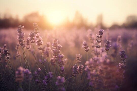 A vibrant field of lavender flowers with a stunning sunlit backdrop © Marius