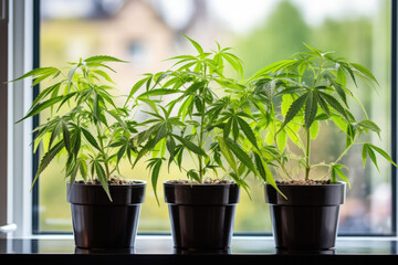 three home-grown cannabis plants in flower pot on window sill at home - obrazy, fototapety, plakaty