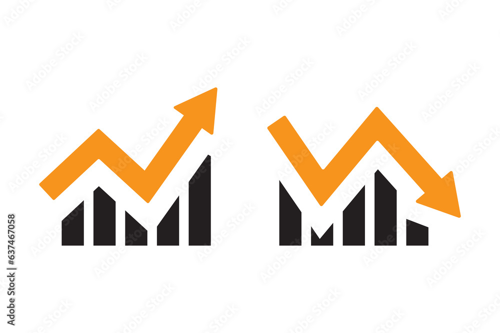 Aufkleber growth and declining graph bar icon with flat rounded cartoon style. charts with bar growth and decl