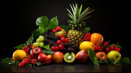 A bunch of fruit that are on a black background. AI generative.