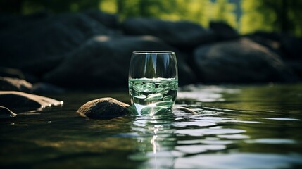 A glass of water standing on a stone in the river. AI generative.