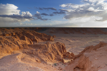 The rock formations of Bayanzag flaming cliff at sunset, Mongolia