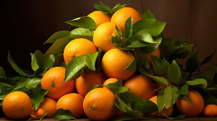 a pile of oranges with green leaves on top of them and one orange. AI generative.