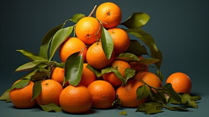 a pile of oranges with green leaves on top of them and one orange. AI generative.