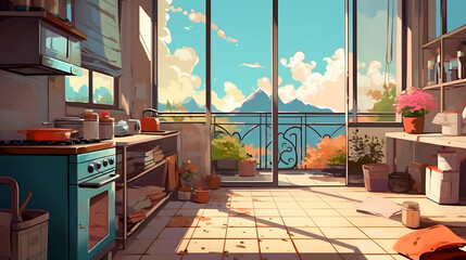 kitchen with open window anime style Made with Generative AI