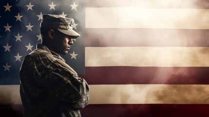 American soldier saluting with USA flag. AI generative.