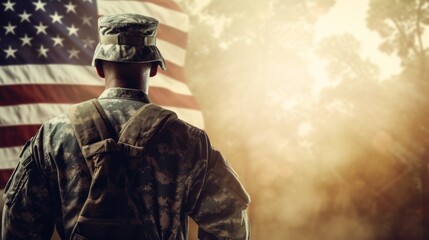 American soldier saluting with USA flag. AI generative.