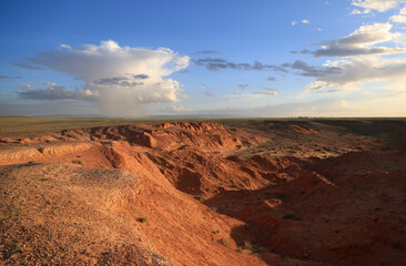 The rock formations of Bayanzag flaming cliff at sunset, Mongolia