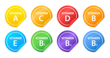 Vitamins sticker, button, label and sign set - vector. Vector illustration