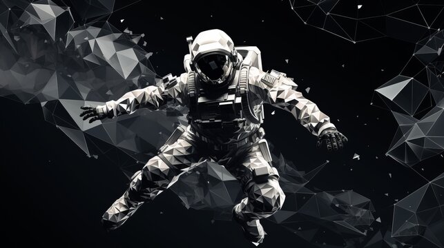 Astronaut floating in the space. Black and white polygonal style illustration. AI generative.
