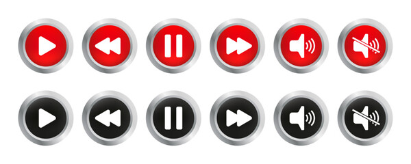 Play, pause, stop, record, forward, rewind, previous, next buttons icon set. Collection of multimedia symbols, media player buttons. Isolated on white background. Vector illustration