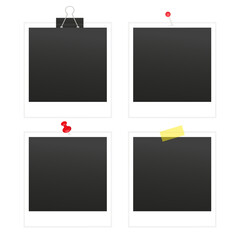Set of stickers notes paper with push pin, adhesive tape, binder clip. Photos are attached with red push pins on a white background. Empty photo frame. Template for design. Vector illustration