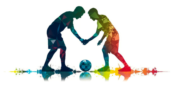 Silhouette of soccer players on a white backdrop, highlighted by grass texture and contrast, embodying sportsmanship with a vibrant ball.