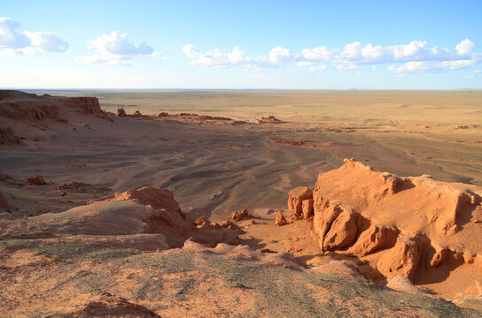 The rock formations of Bayanzag flaming cliff at sunset, Mongolia