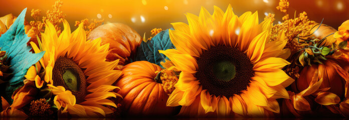 Pumpkin on a wooden table with leaves and sunflowers 